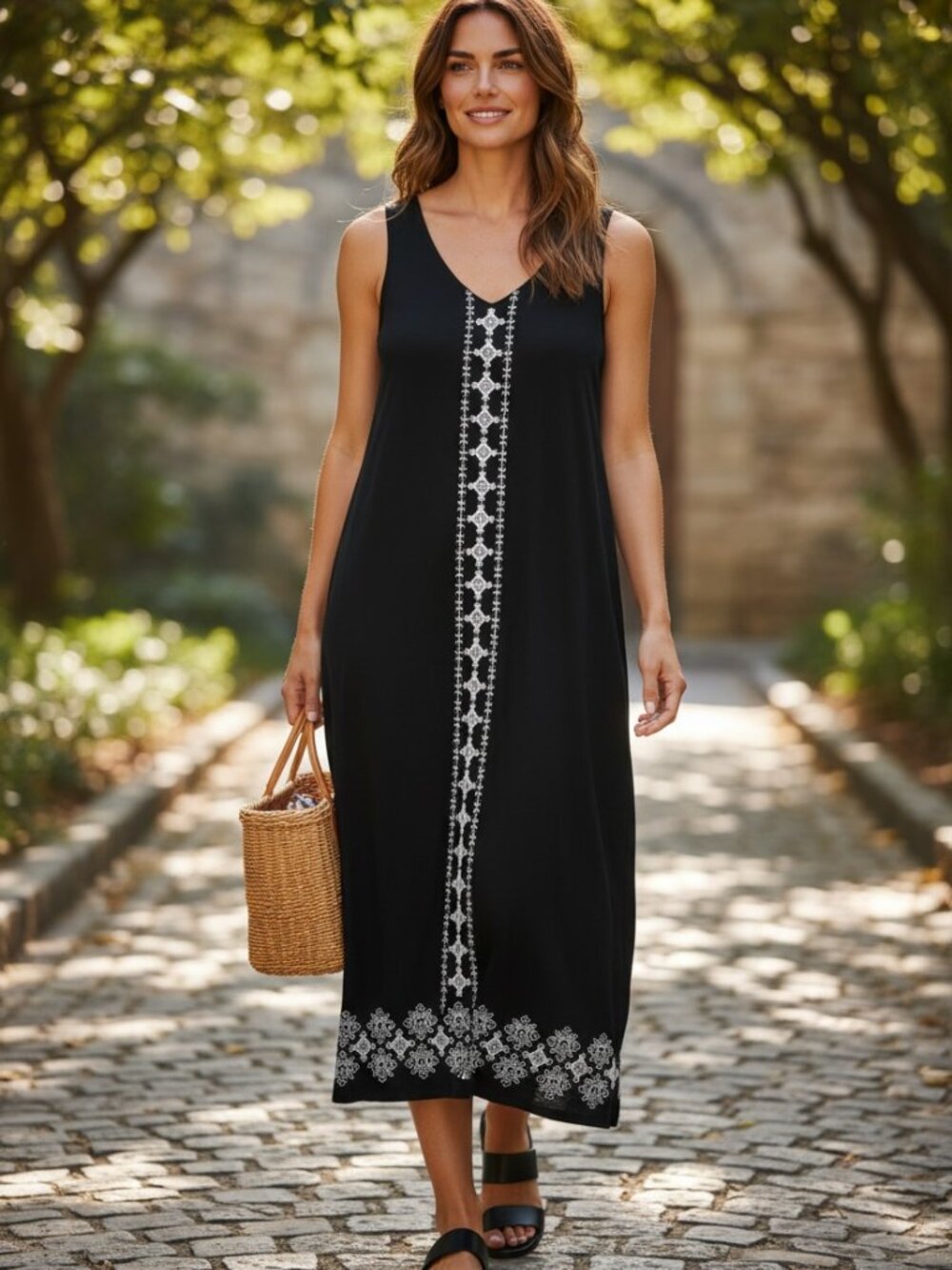 J.Jill Cotton Embroidered Midi Dress Black Boho Sleeveless M Resort Coastal